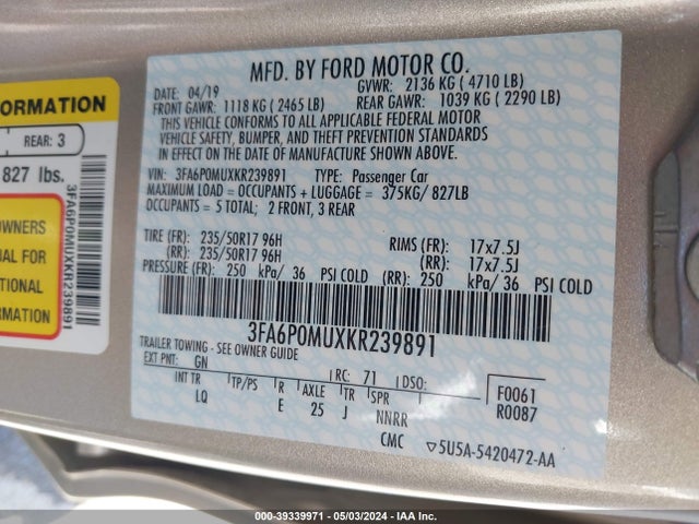 Ford Fusion Hybrid Sel 2019 3FA6P0MUXKR239891 Image 9