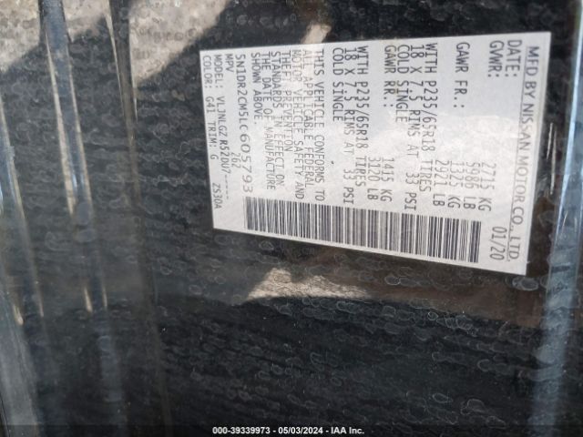5N1DR2CM5LC605793 Nissan Pathfinder Sl 4wd