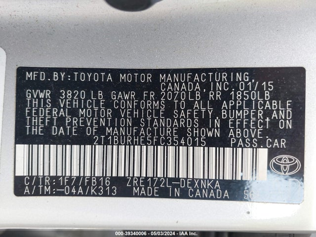 Toyota COROLLA LE 2015 2T1BURHE5FC354015 Image 9