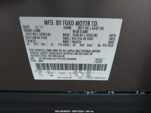 1FM5K8AR9HGC35409 Ford Utility Police Interceptor