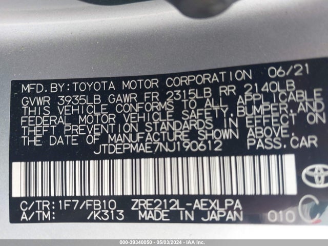Toyota COROLLA LE 2022 JTDEPMAE7NJ190612 Image 9