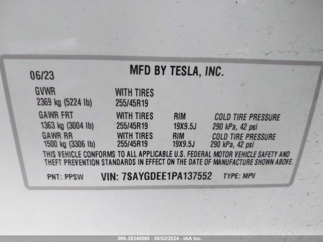 7SAYGDEE1PA137552 Tesla Model Y Awd/long Range Dual Motor All-wheel Drive