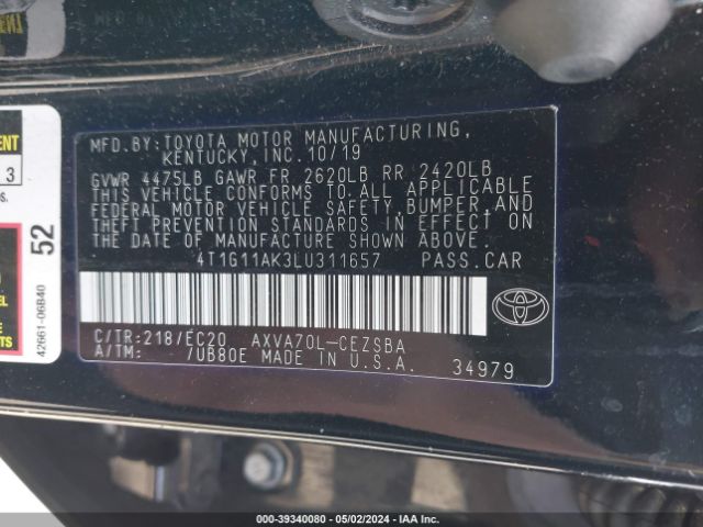 4T1G11AK3LU311657 Toyota Camry Se Nightshade Edition
