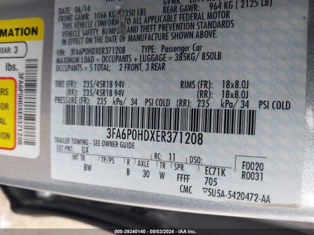 3FA6P0HDXER371208 Ford FUSION SE