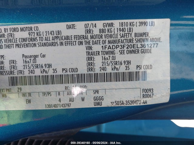 Ford FOCUS SE 2014 1FADP3F20EL361277 Image 9
