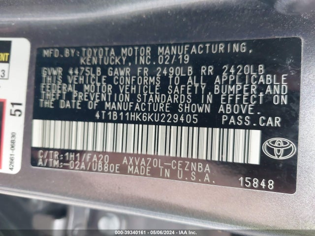 Toyota CAMRY LE 2019 4T1B11HK6KU229405 Image 9