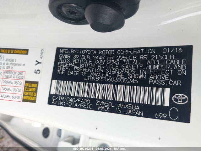 Toyota Prius Two 2016 JTDKBRFU6G3005245 Image 9