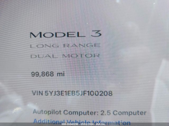 5YJ3E1EB5JF100208 Tesla Model 3 Long Range/performance