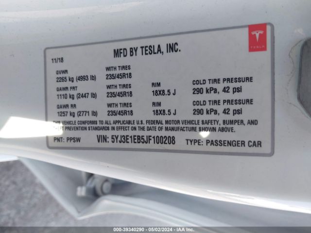 5YJ3E1EB5JF100208 Tesla Model 3 Long Range/performance