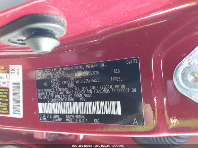 5TDDZRBH0NS191986 Toyota Highlander Limited