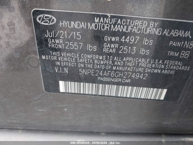 5NPE24AF6GH274942 Hyundai SONATA SE