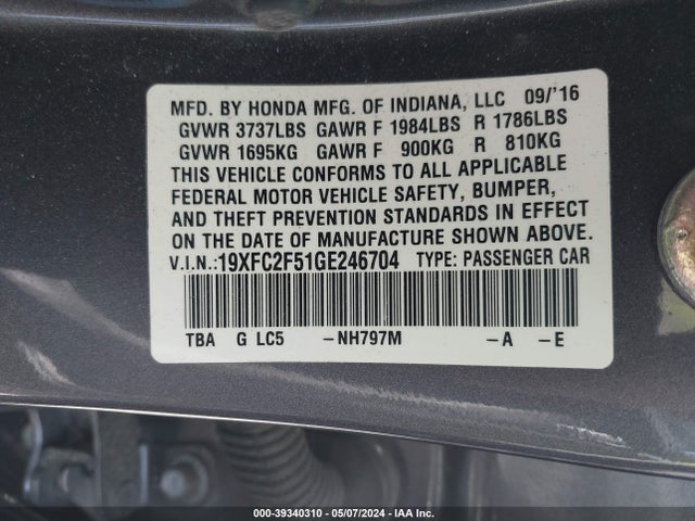Honda Civic Lx 2016 19XFC2F51GE246704 Image 9