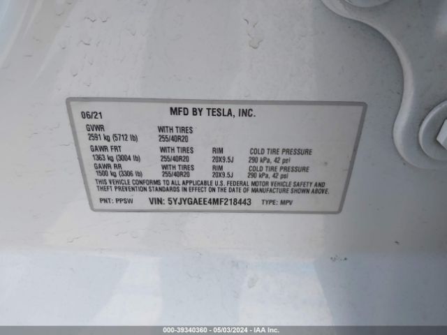 5YJYGAEE4MF218443 Tesla Model Y Long Range Dual Motor All-wheel Drive
