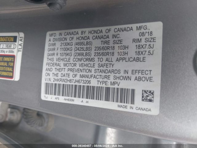 2HKRW2H87JH673206 Honda Cr-v Ex-l/ex-l Navi