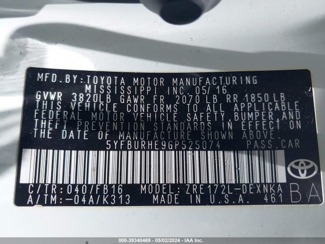 Toyota COROLLA LE 2016 5YFBURHE9GP525074 Image 9