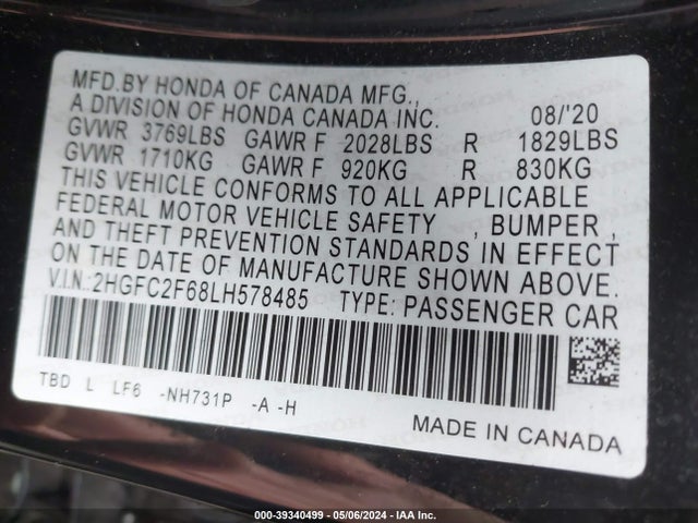 Honda Civic Lx 2020 2HGFC2F68LH578485 Image 9