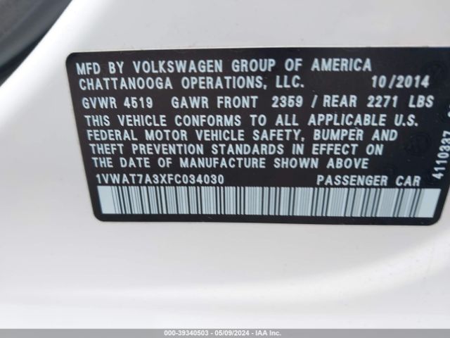1VWAT7A3XFC034030 Volkswagen Passat 1.8t Wolfsburg Edition