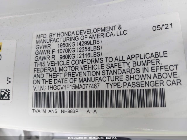 Honda ACCORD LX 2021 1HGCV1F15MA077467 Image 9