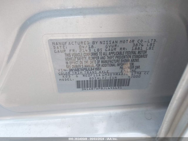 Nissan SENTRA SV 2018 3N1AB7AP8JL641651 Image 9