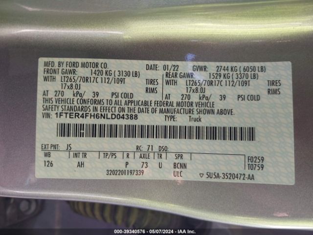 1FTER4FH6NLD04388 Ford Ranger Xlt