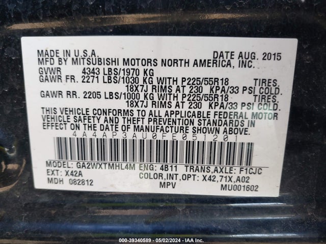 4A4AP3AU0FE051201 Mitsubishi Outlander Sport Es