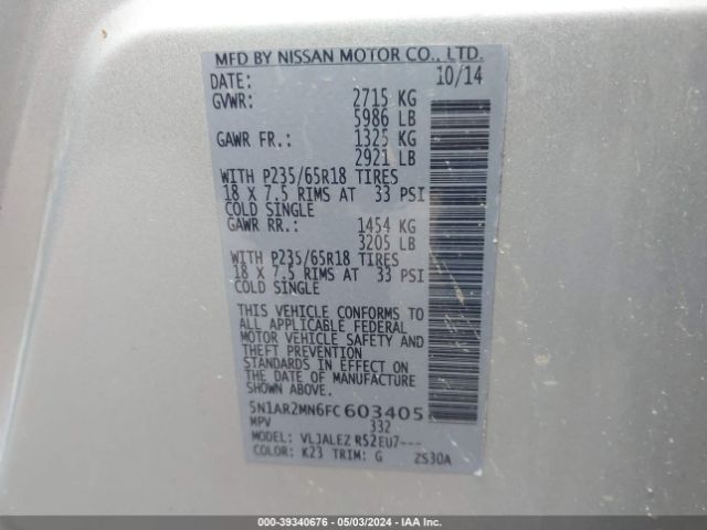 5N1AR2MN6FC603405 Nissan Pathfinder Platinum/s/sl/sv