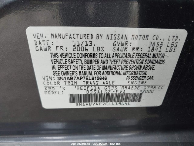 Nissan SENTRA SL 2014 3N1AB7AP7EL619646 Image 9