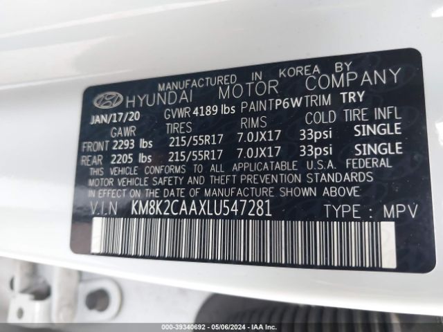KM8K2CAAXLU547281 Hyundai Kona Sel