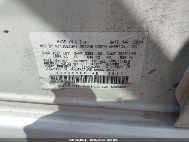 2004 Mitsubishi Galant Es მანქანა იყიდება აუქციონზე, vin: 4A3AB36F14E112517, აუქციონის ნომერი: 39340747
