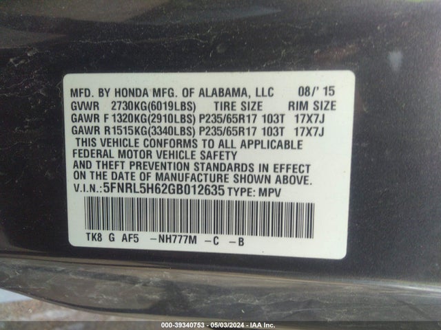 Honda Odyssey Ex-l 2016 5FNRL5H62GB012635 Image 9