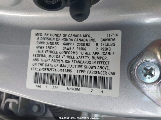 Honda CIVIC SE 2015 2HGFB2F74FH511396 Image 9