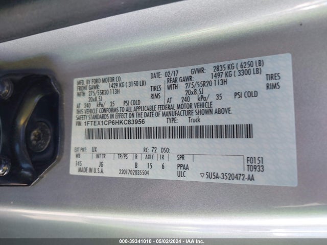 Ford F-150 Xl 2017 1FTEX1CP6HKC83956 Image 9