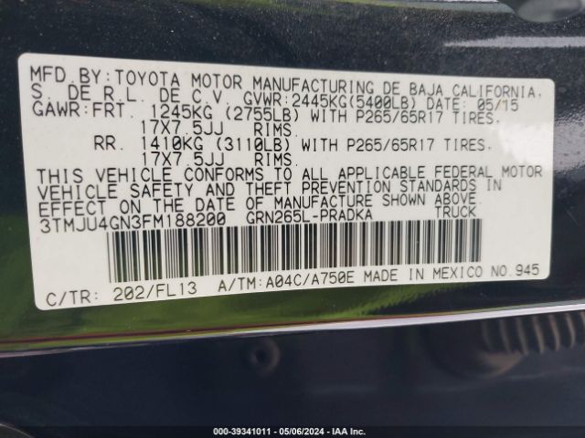 3TMJU4GN3FM188200 Toyota Tacoma Prerunner V6