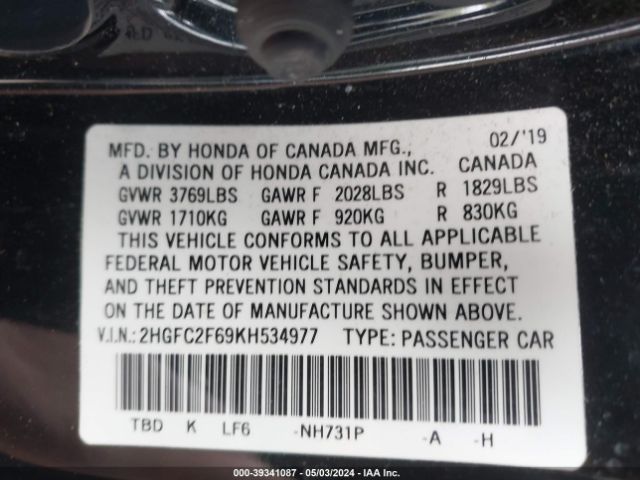 2HGFC2F69KH534977 Honda Civic Lx