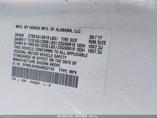 Honda ODYSSEY EX 2018 5FNRL6H59JB032742 Image 9