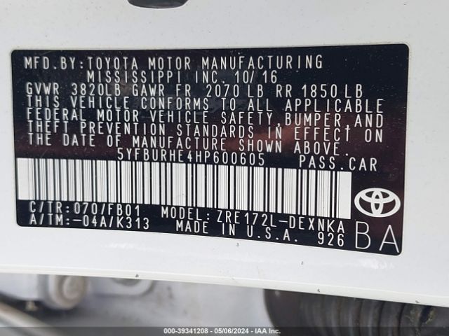 5YFBURHE4HP600605 Toyota COROLLA LE