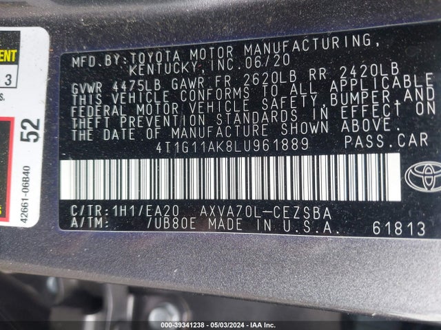 Toyota CAMRY SE 2020 4T1G11AK8LU961889 Image 9