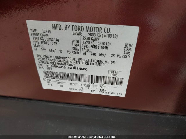 Ford EXPLORER XLT 2016 1FM5K8D81GGB84506 Image 9