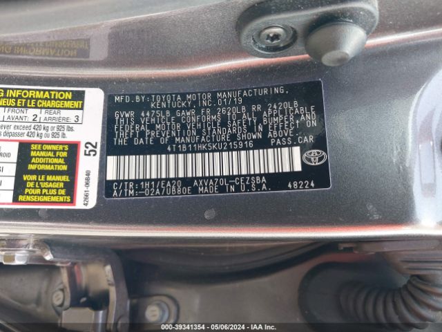 4T1B11HK5KU215916 Toyota CAMRY SE