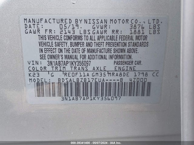 Nissan SENTRA S 2019 3N1AB7AP1KY356097 Image 9