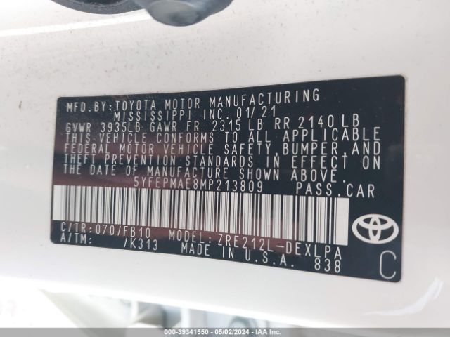 5YFEPMAE8MP213809 Toyota COROLLA LE