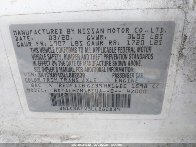 3N1CN8FV3LL882839 Nissan Versa Sr Xtronic Cvt