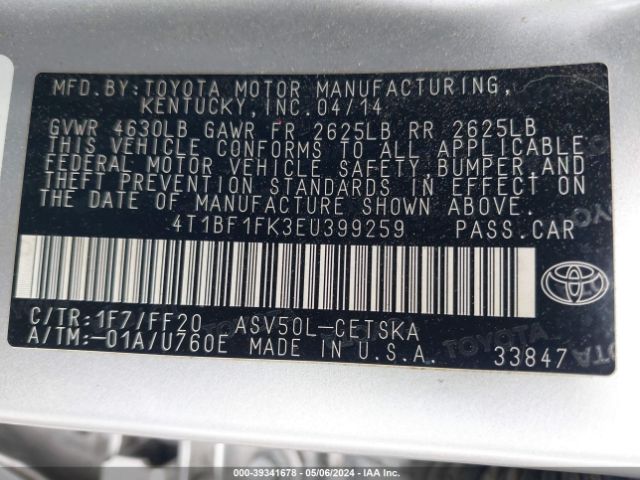 4T1BF1FK3EU399259 Toyota CAMRY SE
