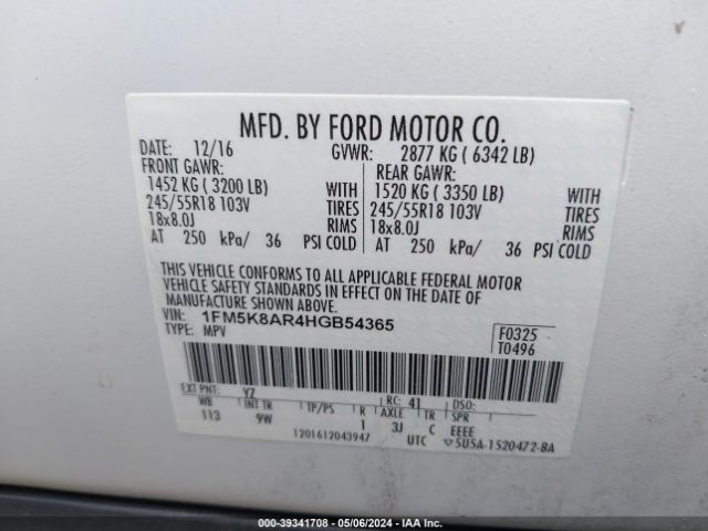 1FM5K8AR4HGB54365 Ford Utility Police Interceptor