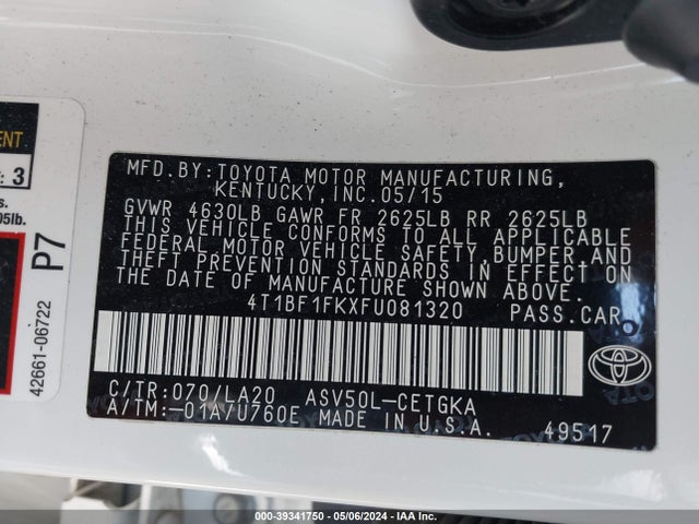 Toyota CAMRY XLE 2015 4T1BF1FKXFU081320 Image 9
