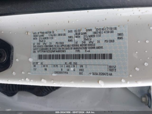1FTFW1E52NFA95393 Ford F-150 Platinum