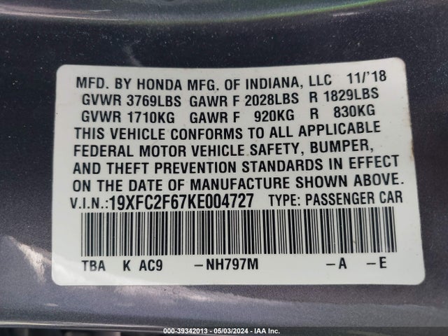 Honda Civic Lx 2019 19XFC2F67KE004727 Image 9