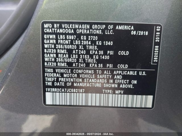 1V2RR2CA7JC582187 Volkswagen Atlas 3.6l V6 Sel