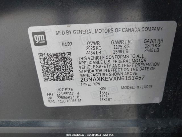 2GNAXKEVXN6153457 Chevrolet Equinox Fwd Lt