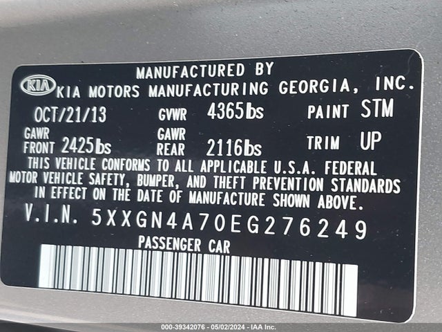 KIA OPTIMA EX 2014 5XXGN4A70EG276249 Image 9